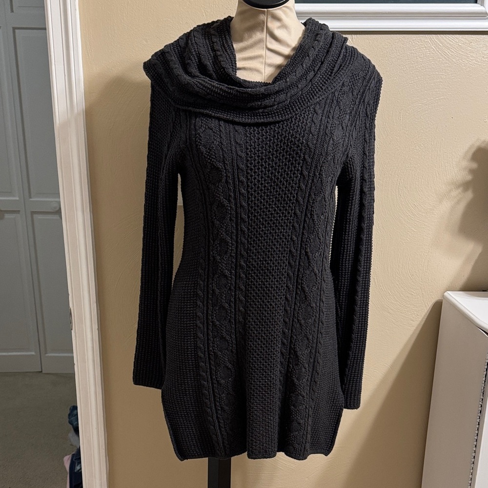 JEANNE PIERRE Black Cable Knit Cowl Neck Dress